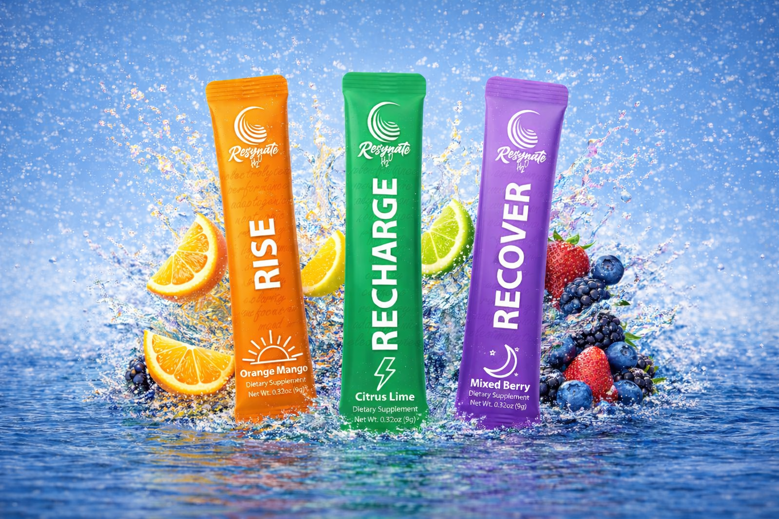 Resynate H2O electrolyte powder system with RISE, RECHARGE, and RECOVER hydration powders for energy, performance, and recovery