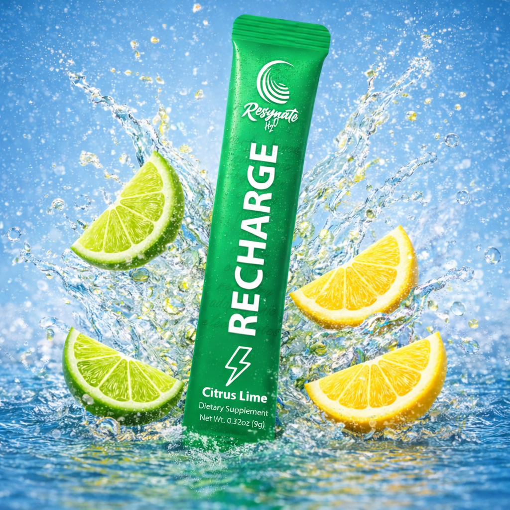 Resynate H2O RECHARGE electrolyte powder citrus lime hydration drink mix with lemon lime and water splash