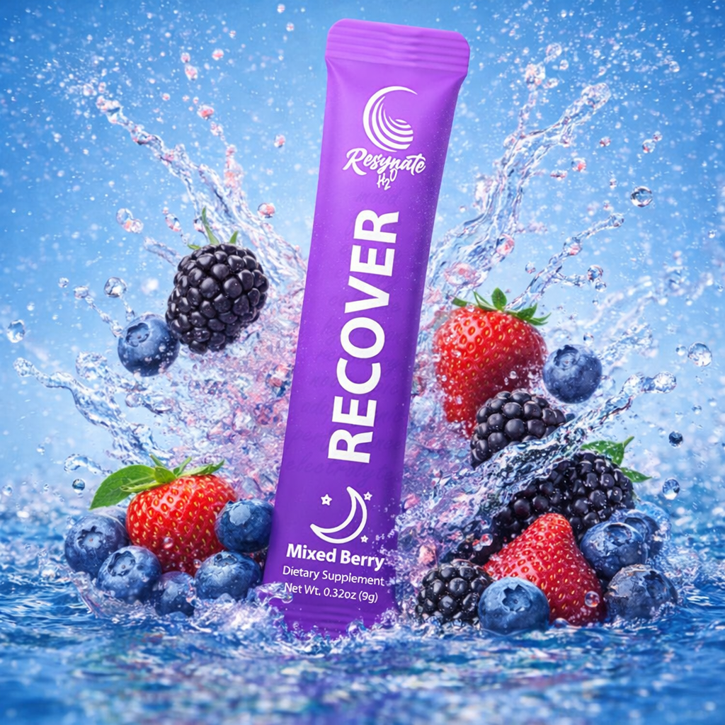 Resynate H2O RECOVER electrolyte powder mixed berry hydration drink mix with berries and water splash