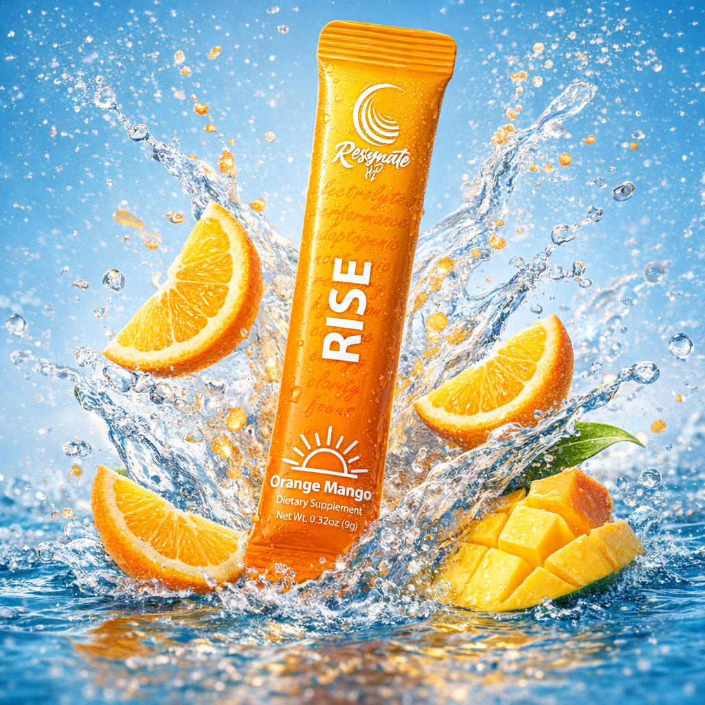 Resynate H2O RISE electrolyte powder orange mango hydration drink mix with citrus and water splash
